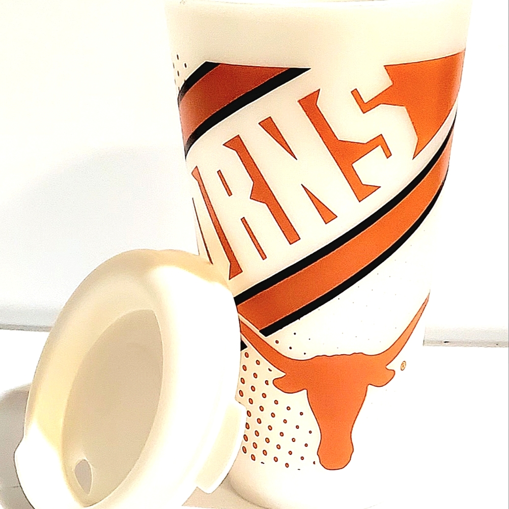 TEXAS LONGHORNS LARGE PLASTIC TUMBLER/TRAVEL MUG. THERMOSERVE. LICENSED PRODUCT